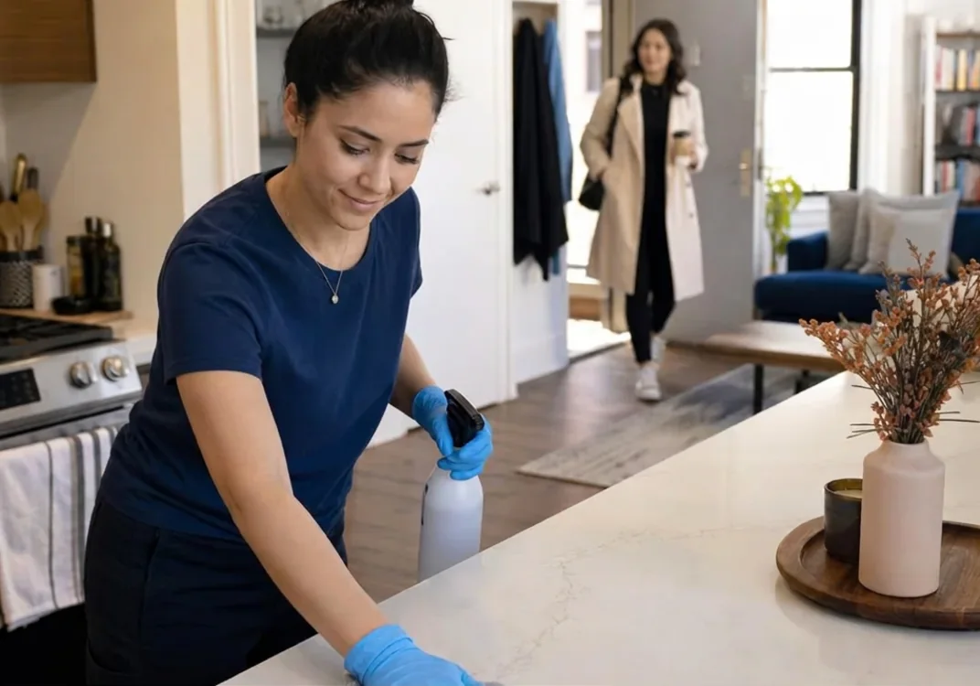 A cleaner wiping a kitchen counter while the customer heads out